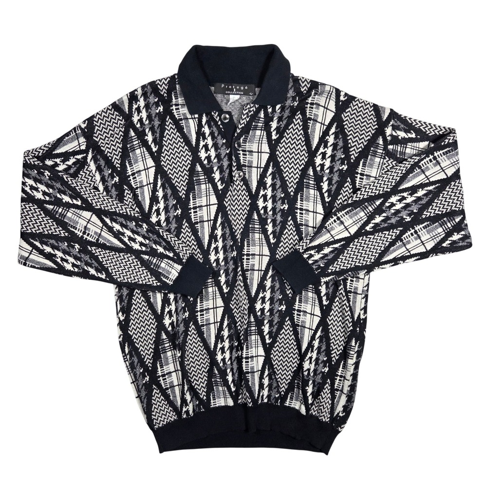 Protege Collection Mens L Vintage Geometric Abstract Polo Sweater USA Retro Punk